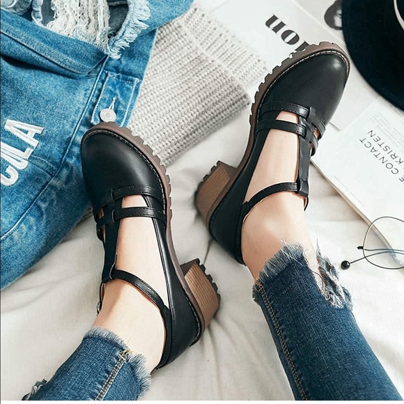 NEW XBAO Black T-Strap Ankle Mary Jane Platform Oxford Block Heel Chunky Heels - Picture 4 of 6